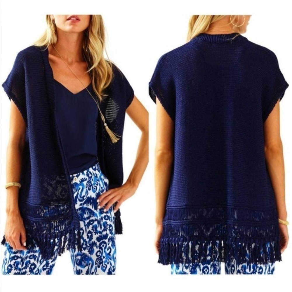 Lilly Pulitzer Bedford Fringe Tassel Cardigan Navy Blue XXS/XS G